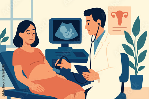 Flat Vector Illustration of Pregnancy Ultrasound Scan in Modern Clinic Room with Calm Atmosphere