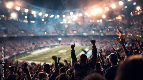Football game crowd cheering fans waving flags at stadium sports event excitement atmosphere