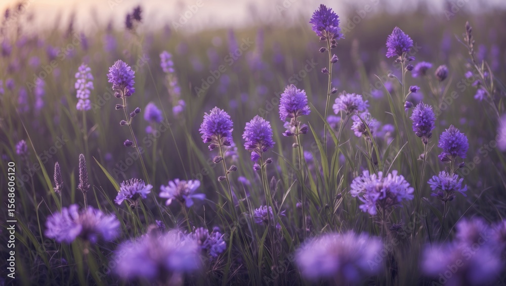 Naklejka premium Beautiful Purple Wildflower blooming in tall grass of meadow during summer morning scenery