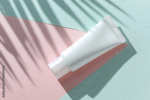 Product Mockup: Cosmetic tube mockup with shadows and tropical plant leaves creating an airy and elegant feel. The sleek, clean lines of the packaging create a sense of luxury and effectiveness.