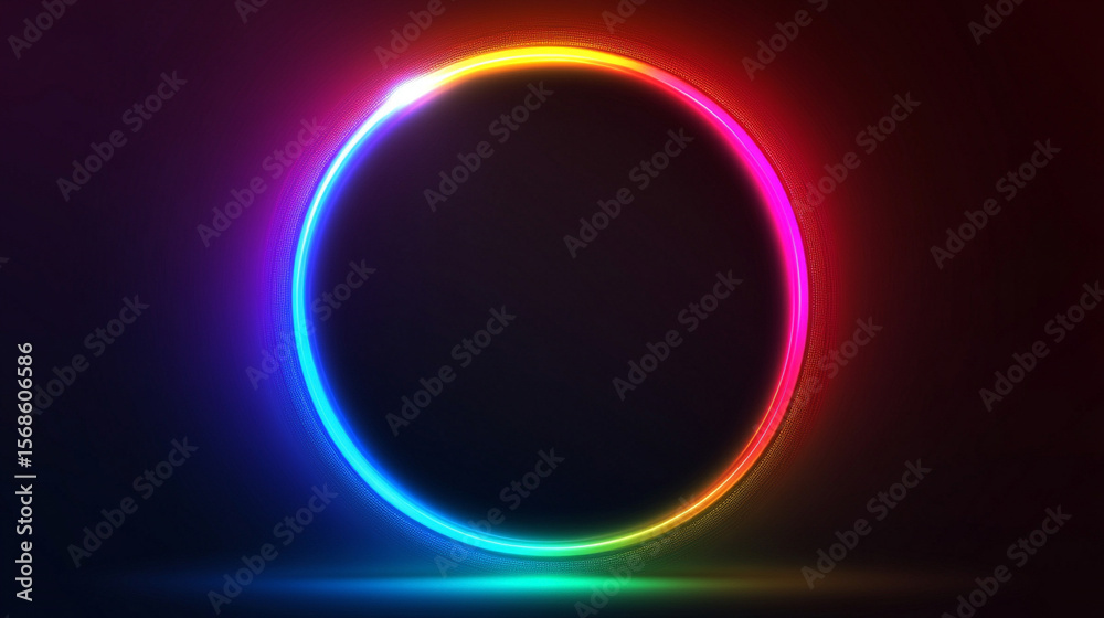 Obraz premium Vibrant neon glow circle on dark abstract background with dynamic light effects. Futuristic and energetic design ideal for digital art, technology themes, and modern graphic projects. Caption space on