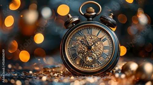Intricate clock, ornate face, ticking past. Bokeh lights create warm, festive backdrop