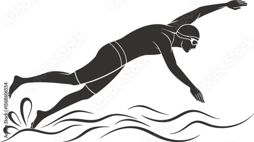 Silhouette vector of a male swimmer diving into water with splashes and waves. Black icon isolated on transparent background. Perfect for sports, fitness, or aquatic themes.

