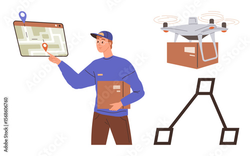Delivery worker interacting with map application while holding parcel, drone carrying package, routing diagram. Ideal for logistics, delivery service, route optimization, e-commerce, technology