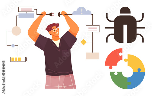 Developer with connected wires, debugging process, visual bug icon, workflow diagram, battery icon, cloud symbol, puzzle pieces. Ideal for technology, innovation problem-solving analytics coding