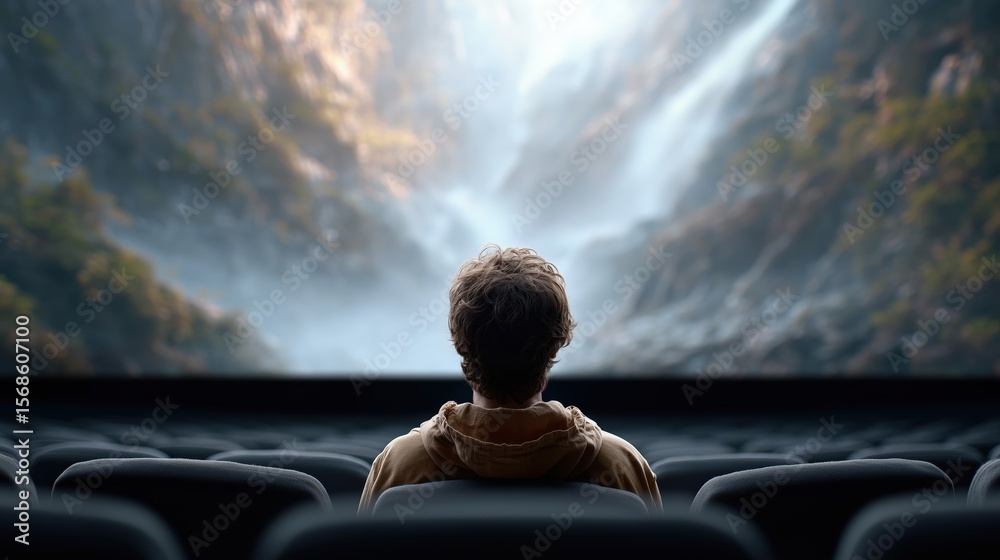Fototapeta premium A person experiences awe in a theater, captivated by a breathtaking waterfall scene on the large screen.