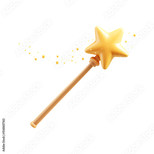 High quality photo of golden star magic wand with sparkling dust and stars isolated on transparent background.