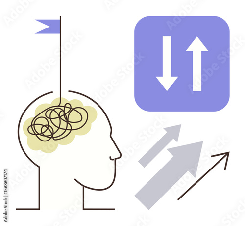 Profile of a head with tangled lines in the brain representing confusion, a flag denoting focus, and arrows symbolizing progress and direction. Ideal for psychology, self-development