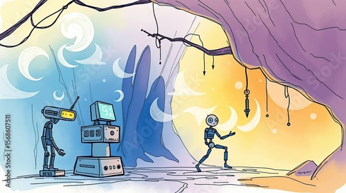 Robots explore cave with digital art.