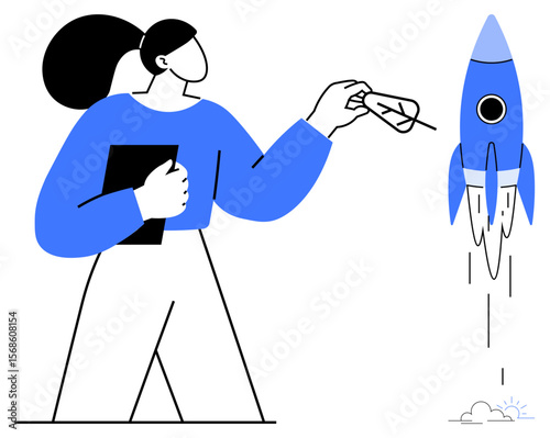 Woman holding a notebook and paper plane near a launching rocket. Ideal for innovation, startup launch, goal setting, creativity, leadership, business strategy, motivation. Simple flat metaphor