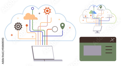Cloud with interconnected lines linking laptop, icons for sharing, synchronization, and data connections. Ideal for networking, technology, communication, cloud solutions, data management