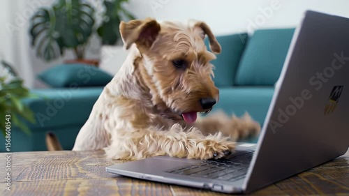 Brown Terrier Dog Typing on Laptop Computer with Teal Couch in the Background