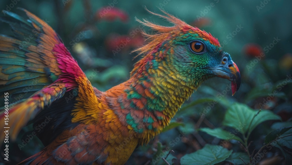 Fototapeta premium Colorful forest bird with vibrant feathers and a distinctive beak in lush green surroundings.
