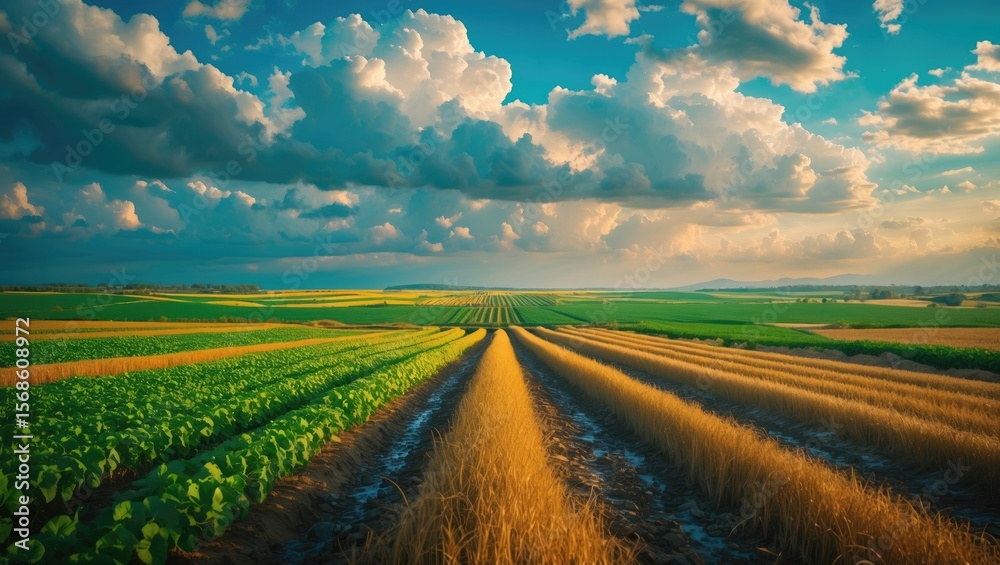 Obraz premium Agricultural landscape under the clouds with fields of crops and a dramatic sky. Rural farming scene, vibrant colors, and cultivated land with a cloudy sky overhead.
