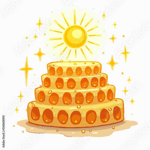 Golden cake with sun and sparkling stars in cheerful design  