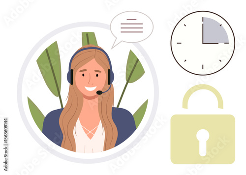 Smiling support agent with headset and speech bubble, clock representing time management, lock for security. Ideal for customer service, communication, support, time management, security