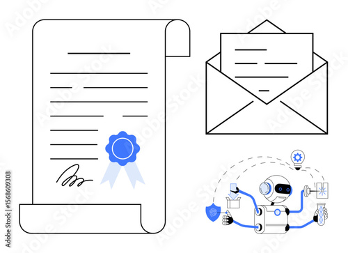 Digital document with certification badge, envelope, and robot performing tasks. Ideal for automation, AI, technology, certification, security communication workflow. Modern flat concept