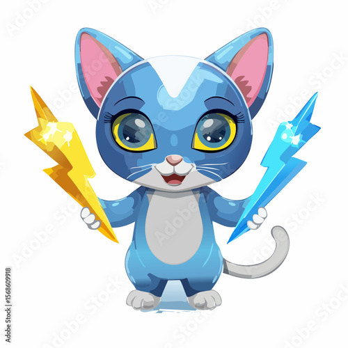 Futuristic Cat Holding Electric Cables in Bright Illustration Style