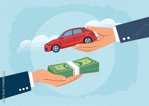 Buying a new car concept illustration with money exchange for vehicle purchase and car dealership deal