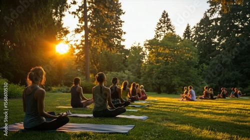 Group yoga practice outdoors at sunset.  Group of people practicing yoga in a park at golden hour