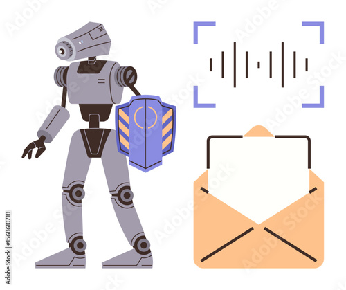 Futuristic robot holding a shield beside sound waveform and an open email envelope. Ideal for technology, AI, cybersecurity, data protection, communication, automation, digital security. Simple flat