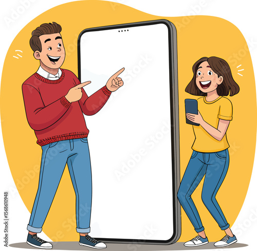 Cartoon people presenting mobile app on big smartphone mockup for advertisement and marketing campaign