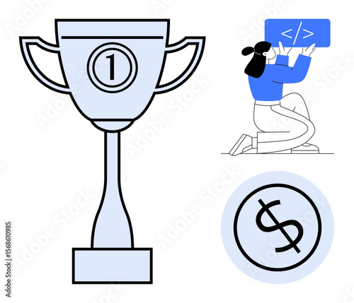 Large trophy with 1 symbol, person coding on a laptop, and dollar sign in a circle. Ideal for software excellence, reward, innovation, success, coding, competition simple landing page