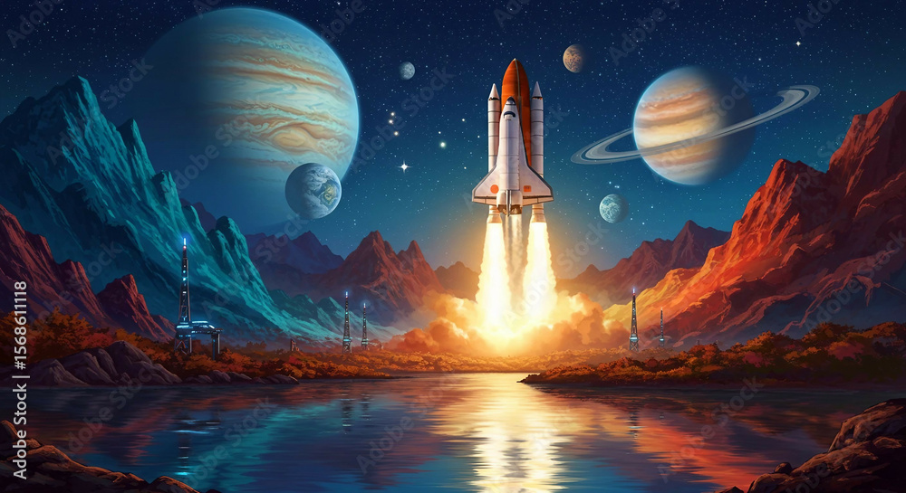 Fototapeta premium Space rocket launches from alien planet, sci-fi poster.