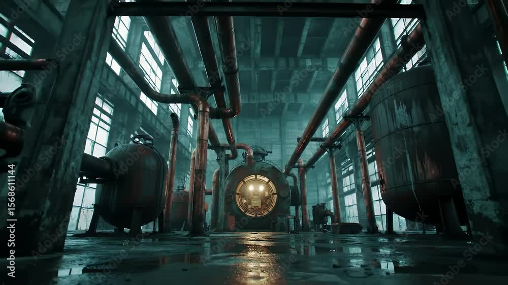 Industrial Interior with Metal Pipes and Boilers in Blue and Red Render Aged and Decayed Look