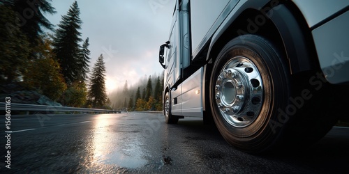 Heavy Duty Truck Driving on Wet Road Du Sunrise in a Forested Mountain Area with Tall Evergreen Trees