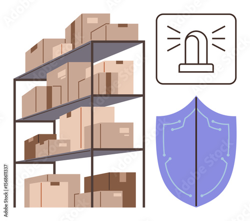 Stacked cardboard boxes on shelves alongside an alarm icon and a shield emphasizing warehouse safety. Ideal for logistics, security, inventory management, protection, organization, e-commerce, damage