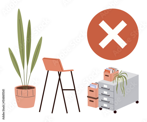 Chair, potted plant, filing cabinet with files, and red X mark symbol. Ideal for workplace organization, productivity, remote work, prohibition, sustainability office environment simple flat