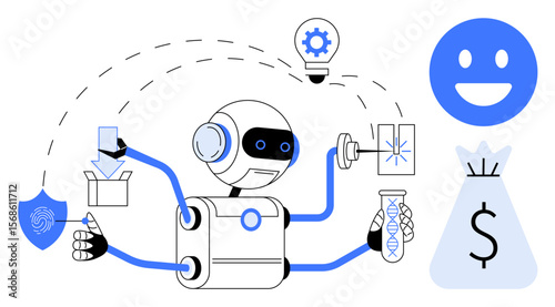 Robot with multiple arms handling tasks thumbs up data analysis, secure data exchange, lab research, and idea generation. Ideal for technology, AI, automation, innovation, productivity research
