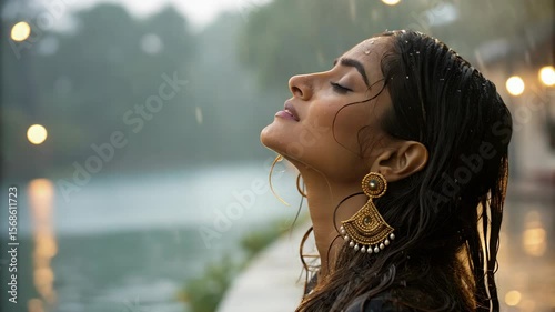Woman Enjoying Rain with Traditional Earrings