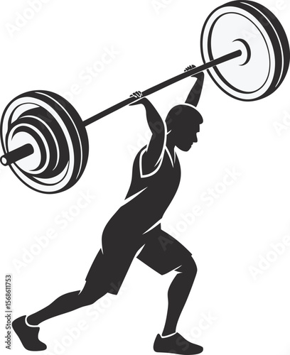 Black silhouette vector of a male athlete lifting a heavy barbell overhead. Ideal for strength training, fitness, bodybuilding, and gym concepts. Isolated on transparent background.


