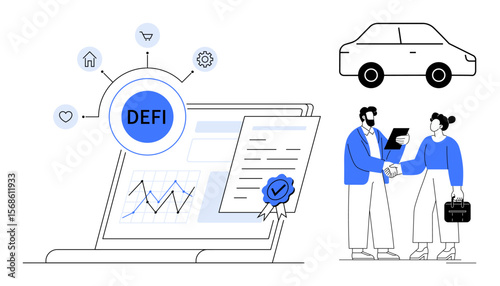 Laptop with DeFi interface, document with seal, connected icons, car, businesspeople shaking hands. Ideal for finance, blockchain, investment, crypto partnership smart contracts and mobility