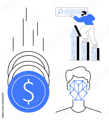 Coins and upward bars depict financial growth, a man searching symbolizes SEO, and facial recognition highlights digital identity. Ideal for finance, technology, marketing, business, innovation