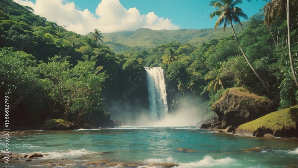 Fototapeta premium Azores Landscape with Subtropical Forest and Waterfall