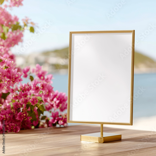 Menu mockup with golden stand placed on a wooden table near bright pink flowers and a seaside background