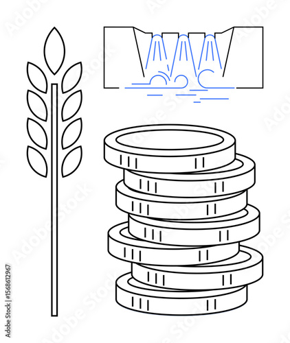 Wheat stalk, stacked coins, and irrigation flows highlight farming, resource management, eco-efficiency, and economic prosperity. Ideal for sustainability, agribusiness, irrigation environment