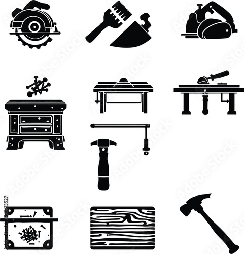 Minimal woodworking tool icon set featuring circular saw, hand planer, table saw, workbench, vise, hammer, and wood grain on white background