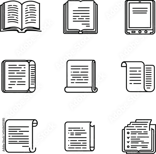 Minimal icon set of reading and writing materials featuring open book, closed book, e-reader, scrolls, single sheet, and checklist stack on white background