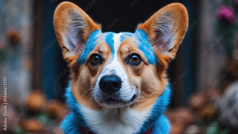 Obraz premium A blue merle corgi with big ears and funny fur stains, bright eyes, close-up image with space for text, featuring a Cardigan Welsh Corgi dog.