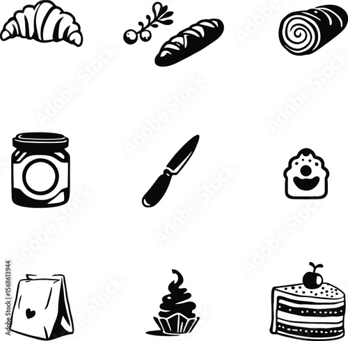 Minimal food and baking icon set featuring croissant, bread, cinnamon roll, jam jar, cupcake, cake slice, knife, berry sprig, and shopping bag on white background
