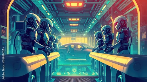 Robots Servicing Futuristic Car.