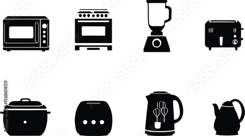Minimal kitchen appliance icon set featuring microwave, oven, blender, toaster, rice cooker, air purifier, electric kettle, and teapot on white background