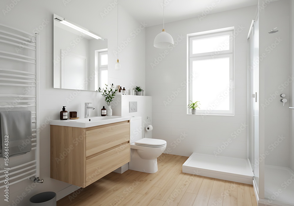 Fototapeta premium Scandinavian style bathroom interior with wood