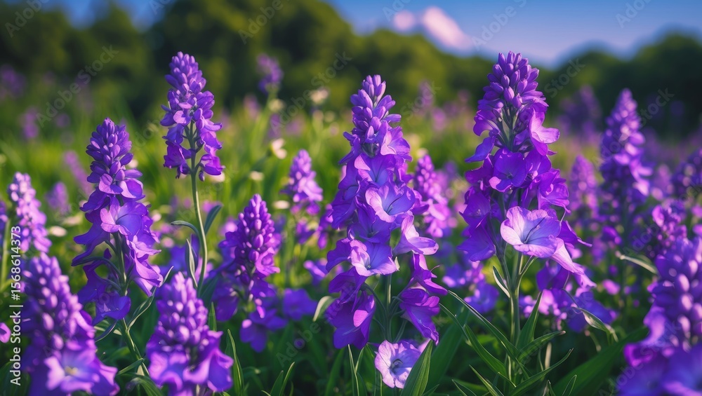 Naklejka premium Purple flowers with greenery in background, with empty copy space for text.