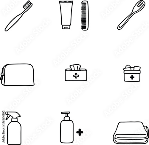 Minimal personal care and hygiene icon set featuring toothbrush, toothpaste, comb, toiletry bag, first aid kit, and sanitizer on white background