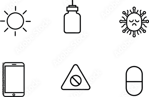 Minimal health and wellness icon set featuring sun, medicine bottle, virus, smartphone, warning sign, and pill on white background
